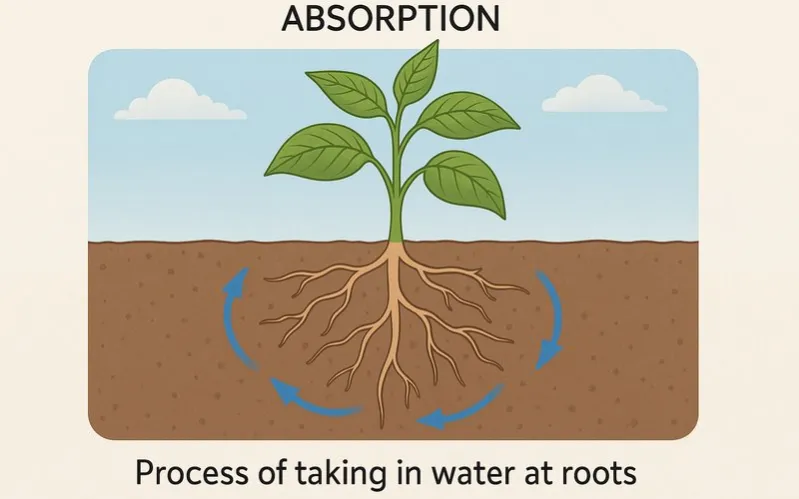 Absorption: Process of taking in water at roots