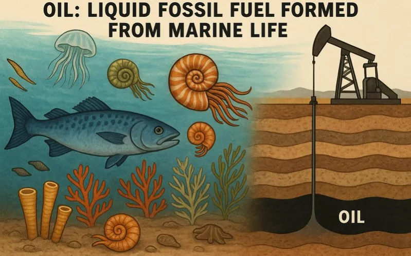 Oil: Liquid fossil fuel formed from marine life