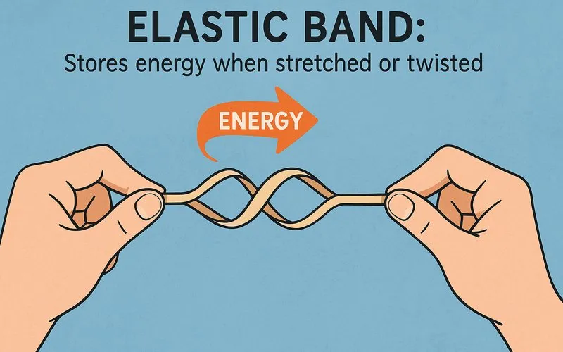 Elastic band: Stores energy when stretched or twisted