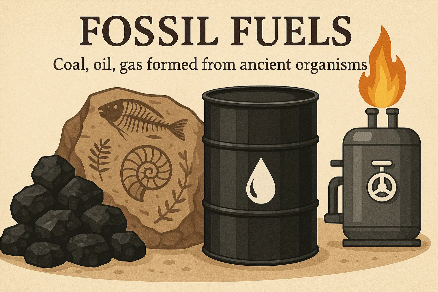 Fossil fuels: Coal, oil, gas formed from ancient organisms