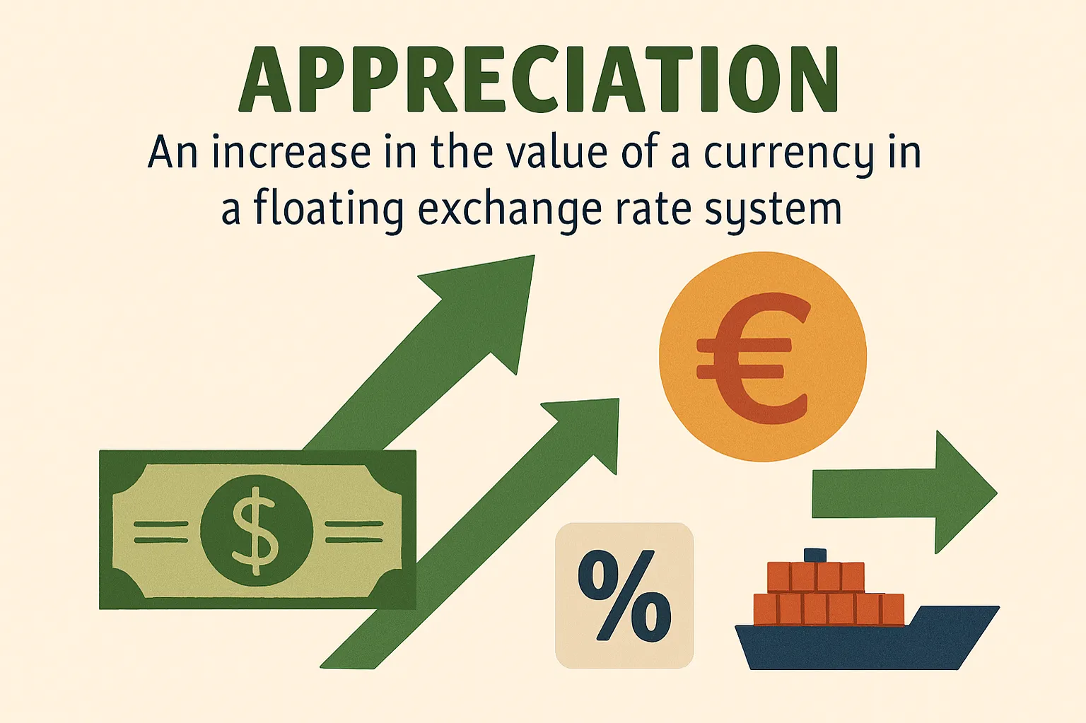 Appreciation: An increase in the value of a currency in a floating exchange rate system.