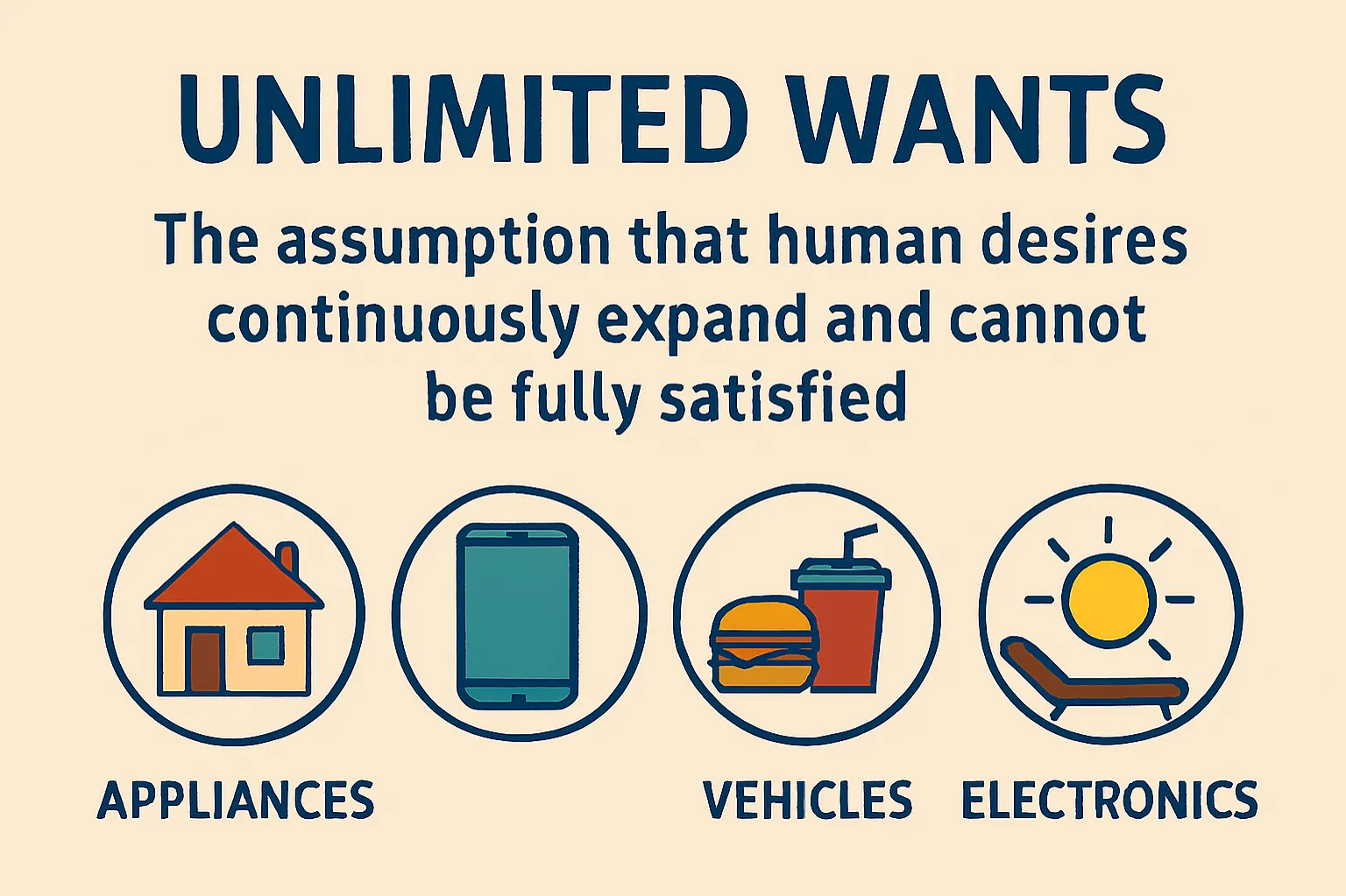 Unlimited wants: The assumption that human desires continuously expand and cannot be fully satisfied.