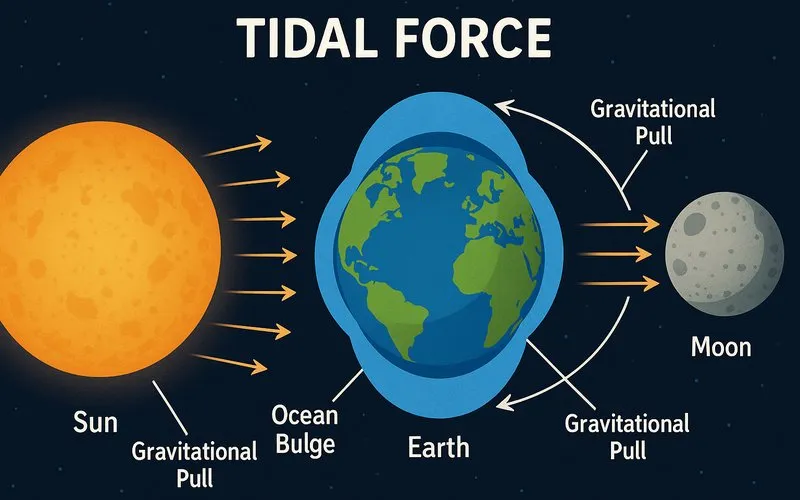 Tidal force: Gravitational pull causing movement of ocean water