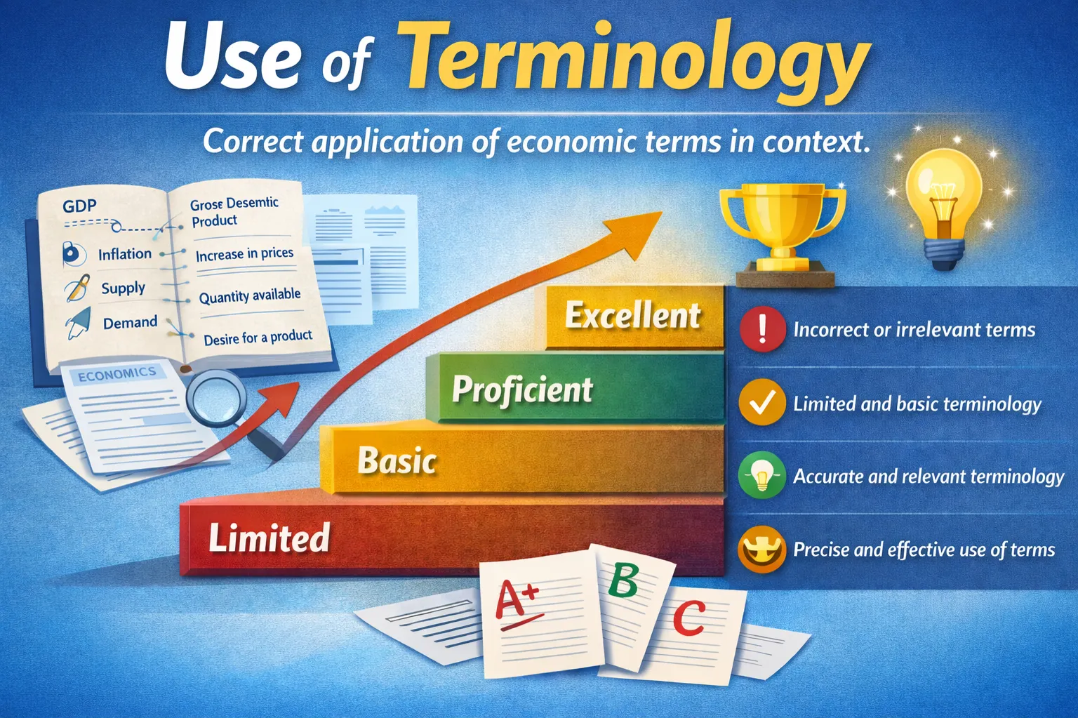 Use of terminology: Correct application of economic terms in context.