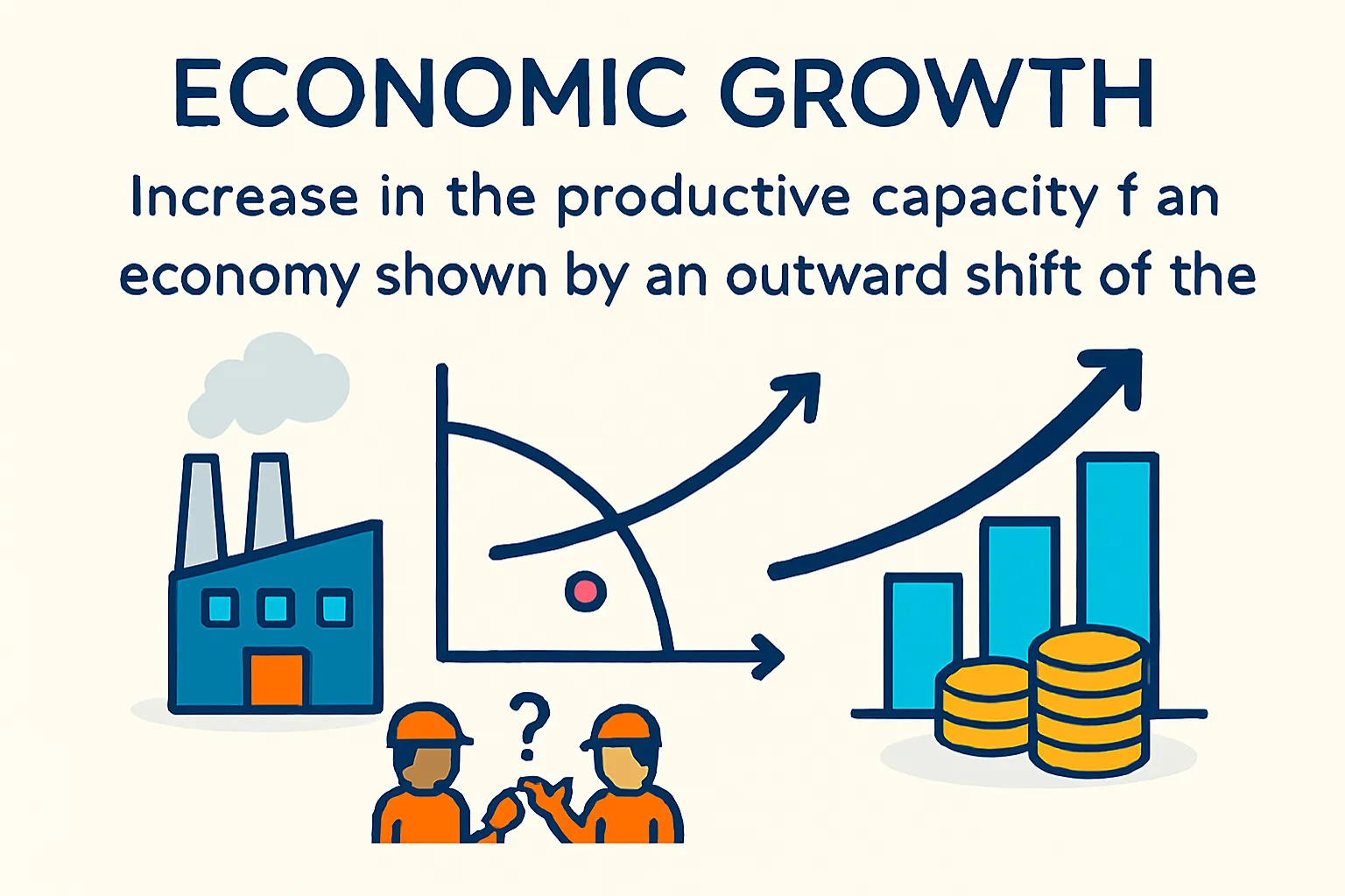 Economic growth: increase in the productive capacity of an economy shown by an outward shift of the PPC