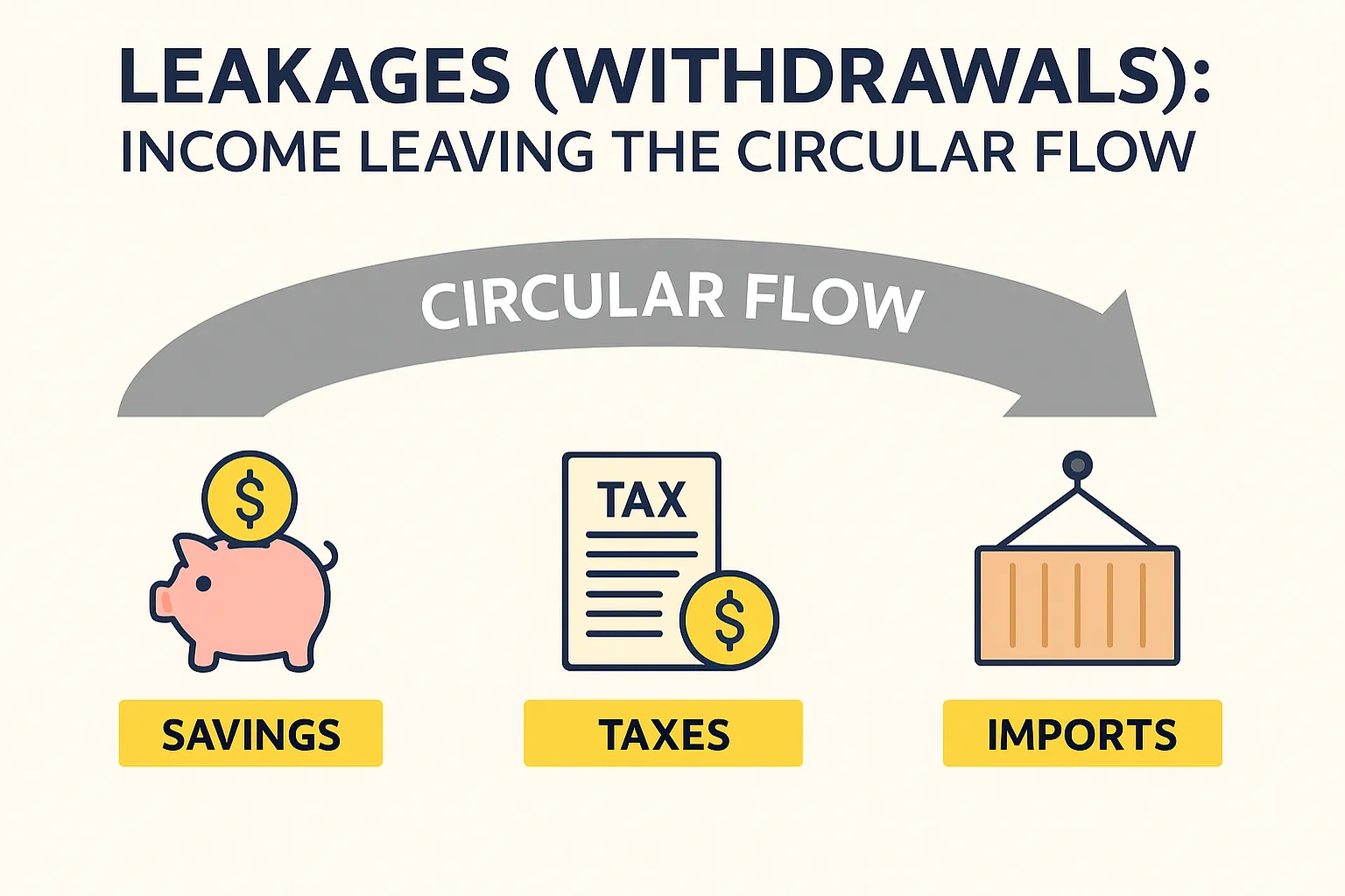 Leakages (withdrawals): income leaving the circular flow (savings, taxes, imports)
