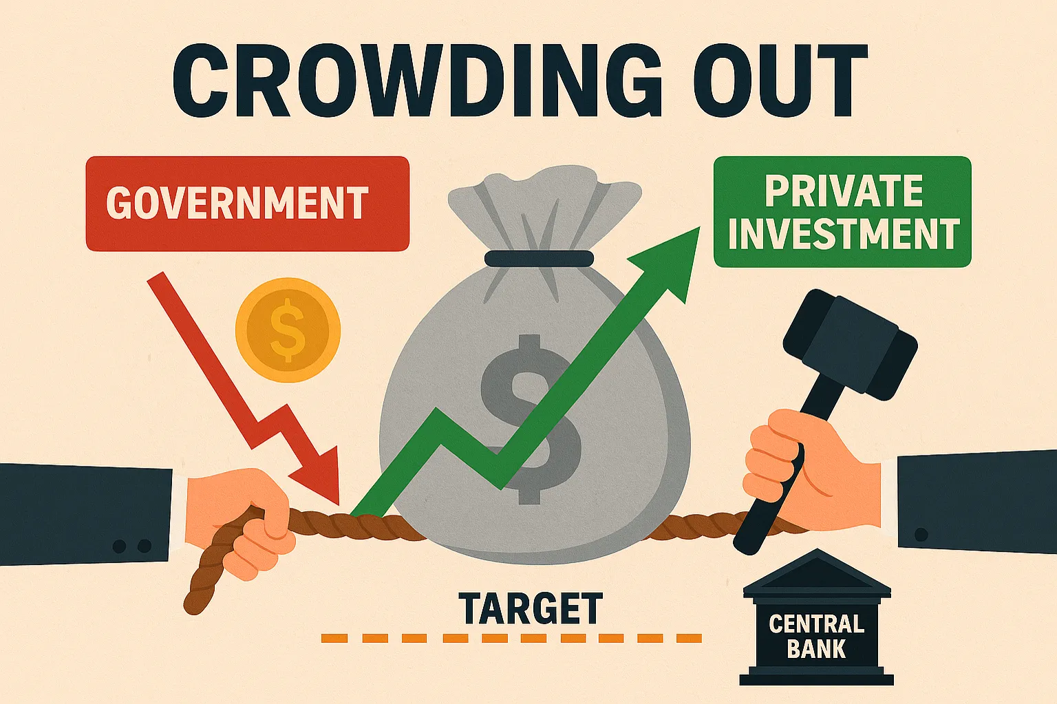Crowding out: A situation where increased government spending reduces private sector investment.