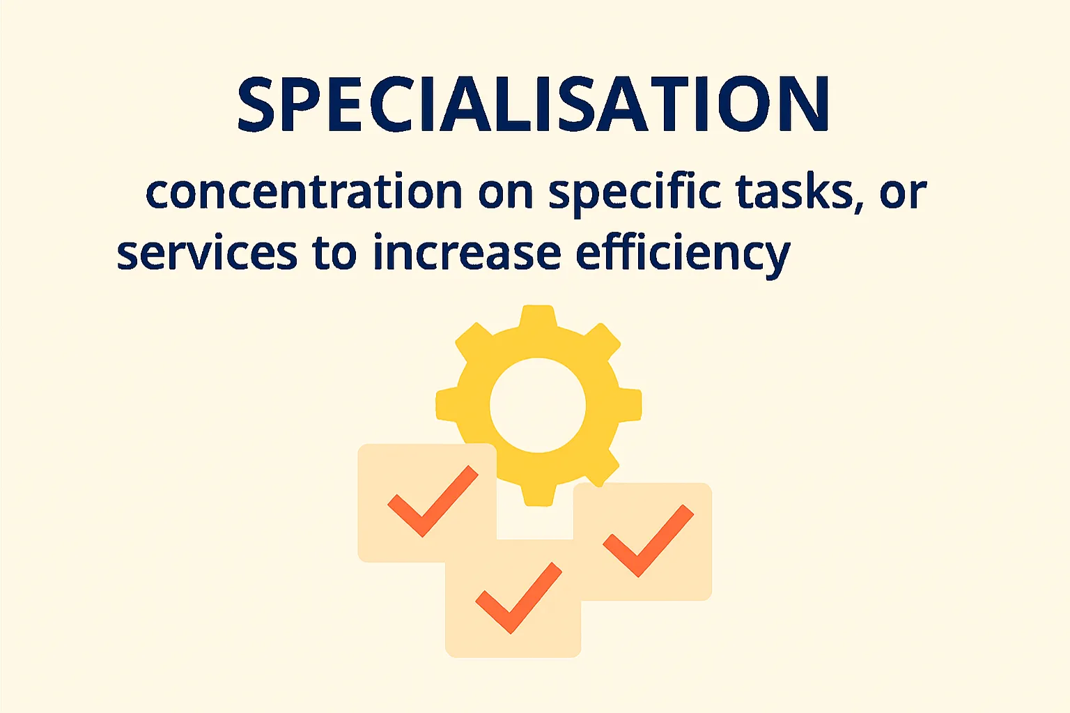 Specialisation: concentration on specific tasks, goods or services to increase efficiency