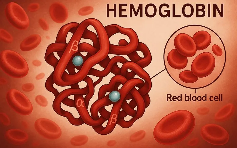 Hemoglobin: Red protein in blood cells that binds and carries oxygen