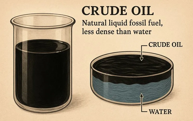 Crude oil: Natural liquid fossil fuel, less dense than water