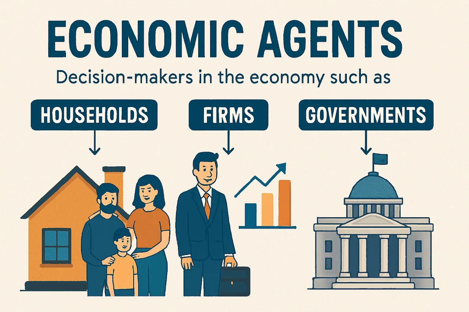 Economic agents: Decision-makers in the economy such as households, firms and governments.