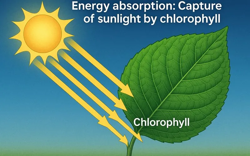 Energy absorption: Capture of sunlight by chlorophyll