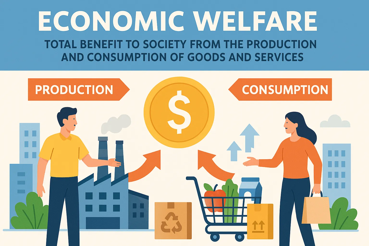 Economic welfare: total benefit to society from the production and consumption of goods and services
