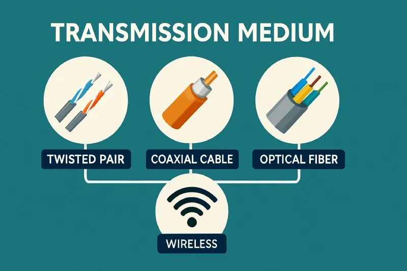 Transmission Medium: The physical path through which data is transmitted (e.g., cable, wireless)