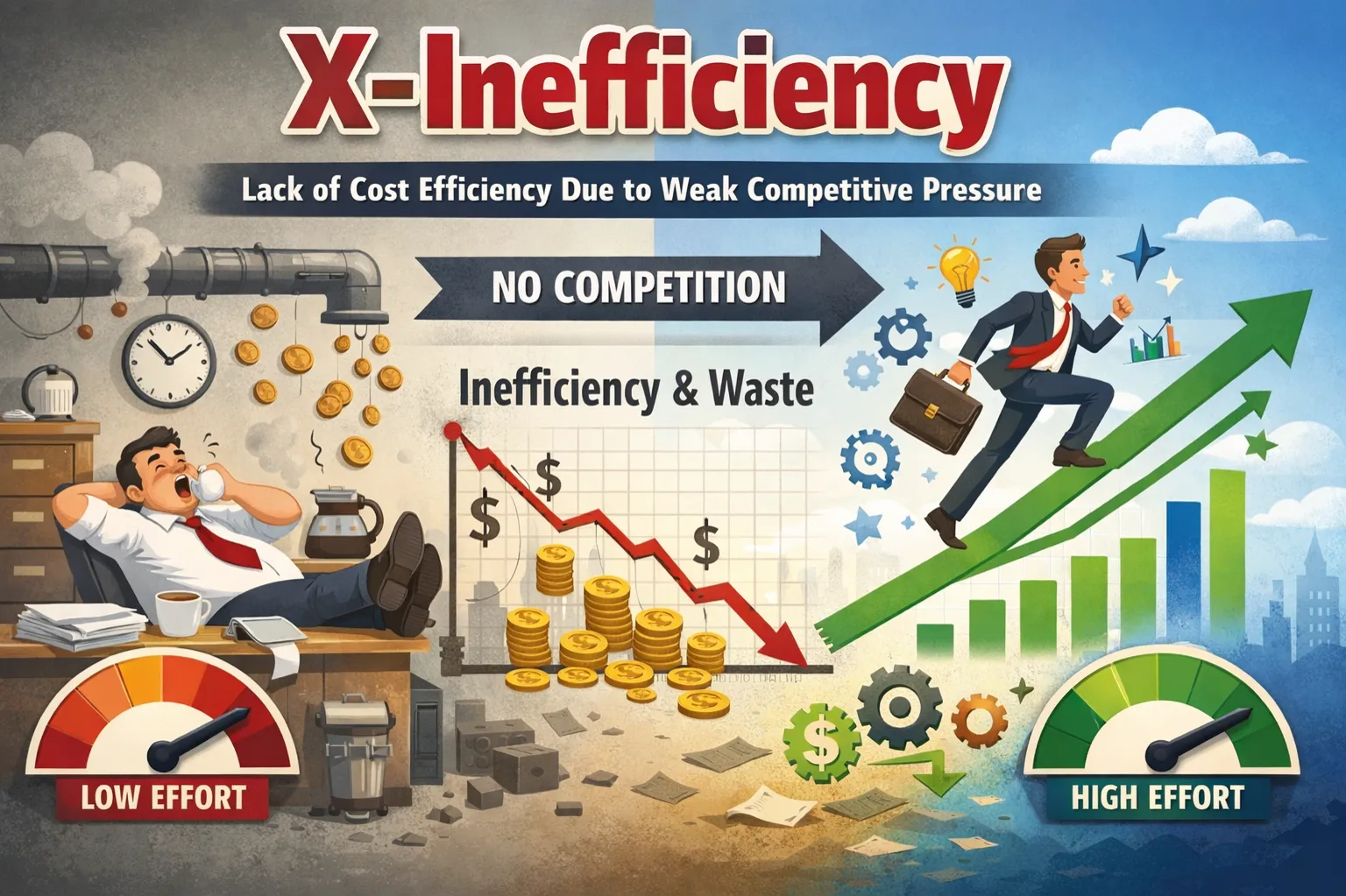 X-inefficiency: Lack of cost efficiency due to weak competitive pressure.