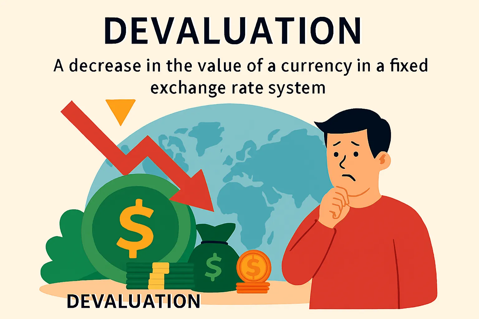 Devaluation: A decrease in the value of a currency in a fixed exchange rate system.