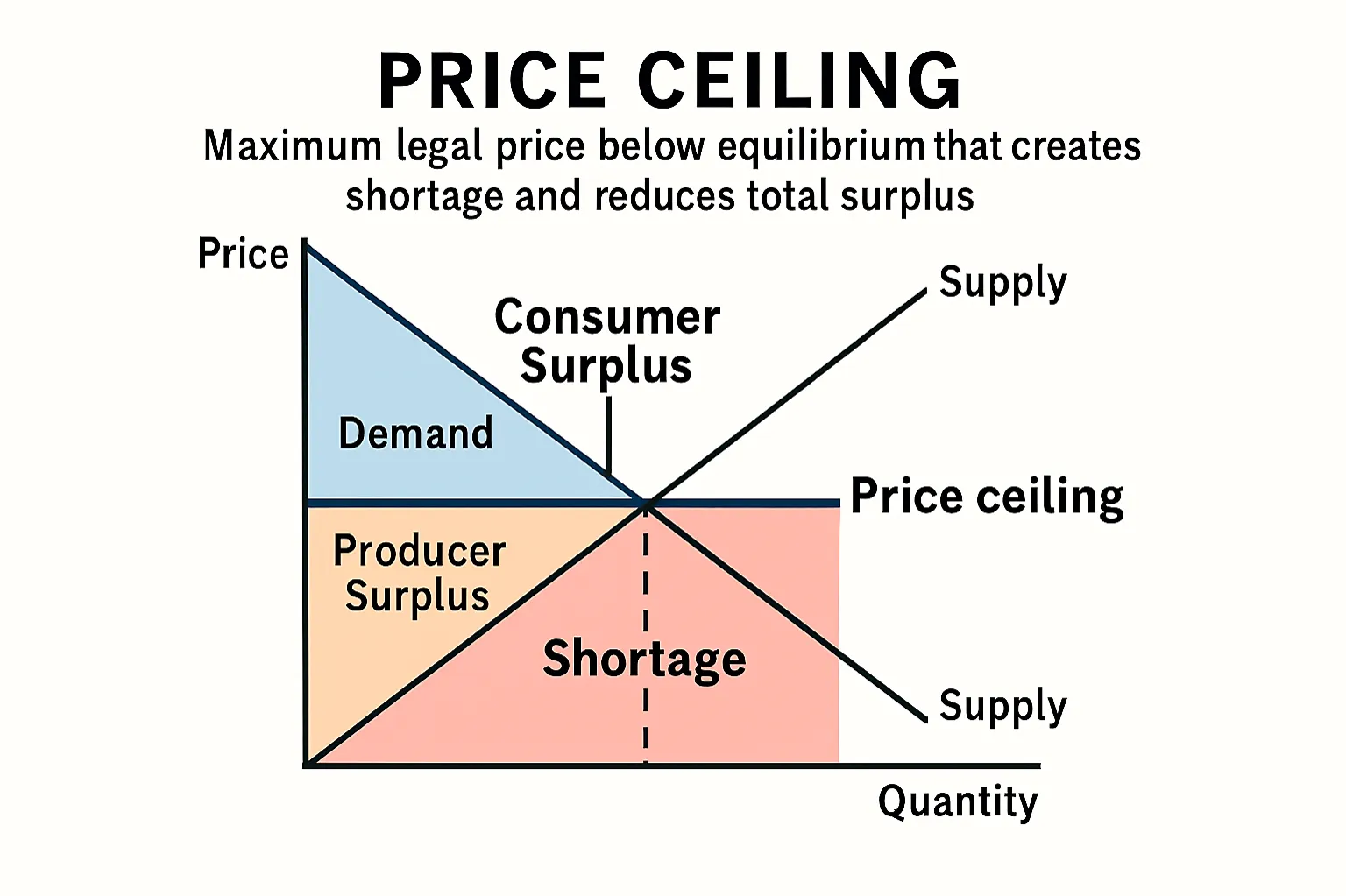 Price ceiling: maximum legal price below equilibrium that creates shortage and reduces total surplus
