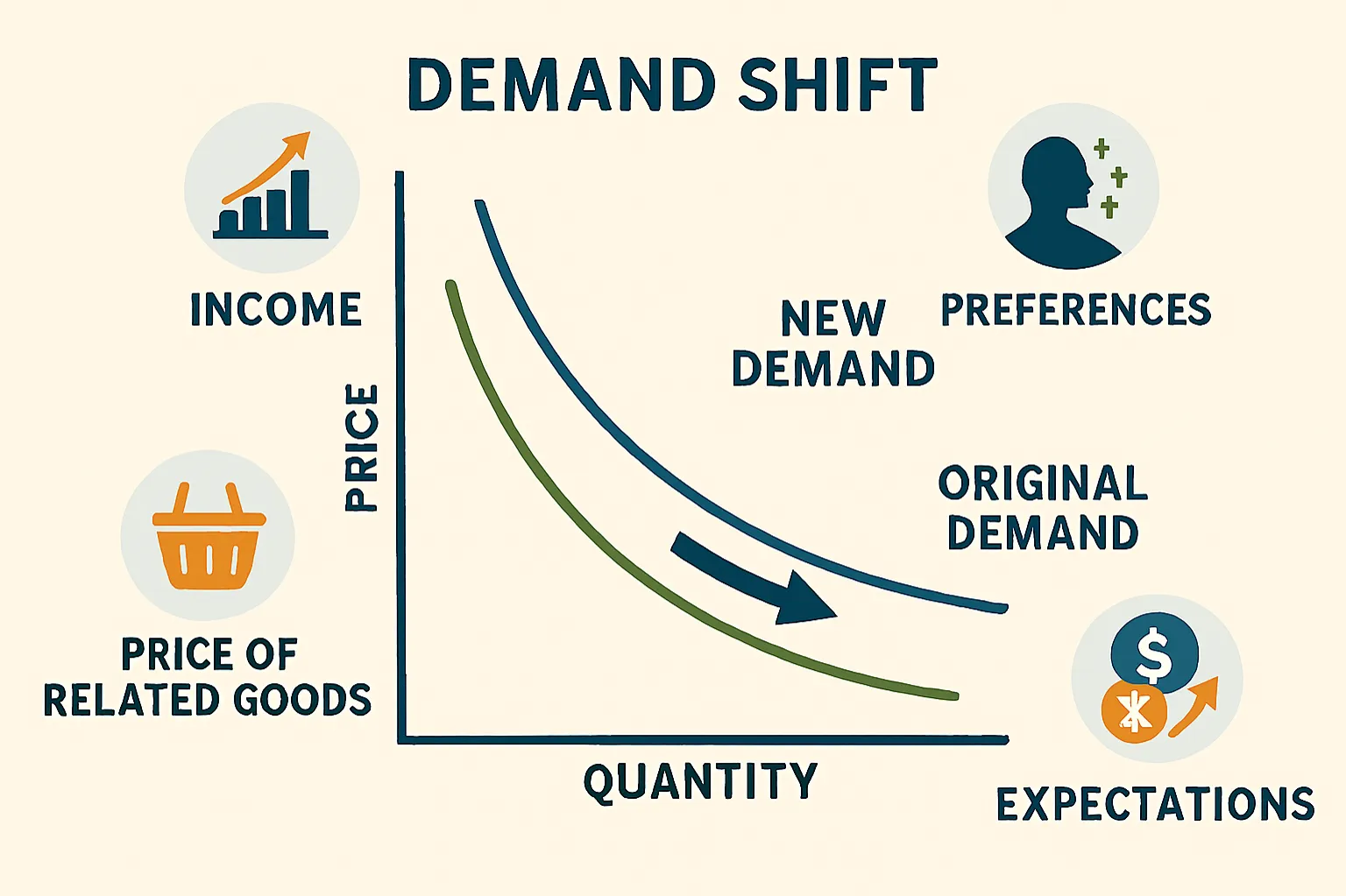 Demand shift: movement of the entire demand curve due to non-price factors