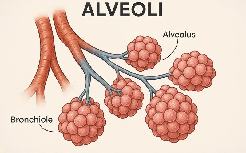 Alveoli: Tiny sacs in lungs where oxygen and carbon dioxide swap
