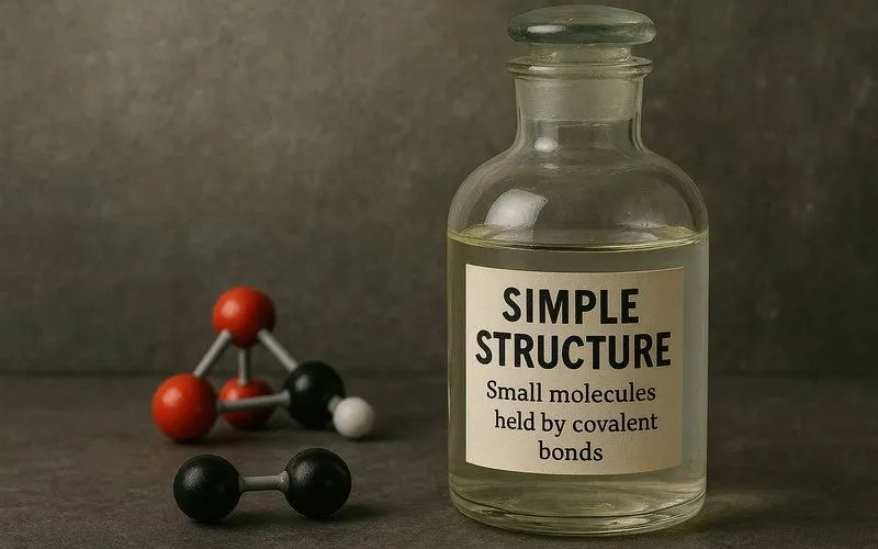Simple structure: Small molecules held by covalent bonds