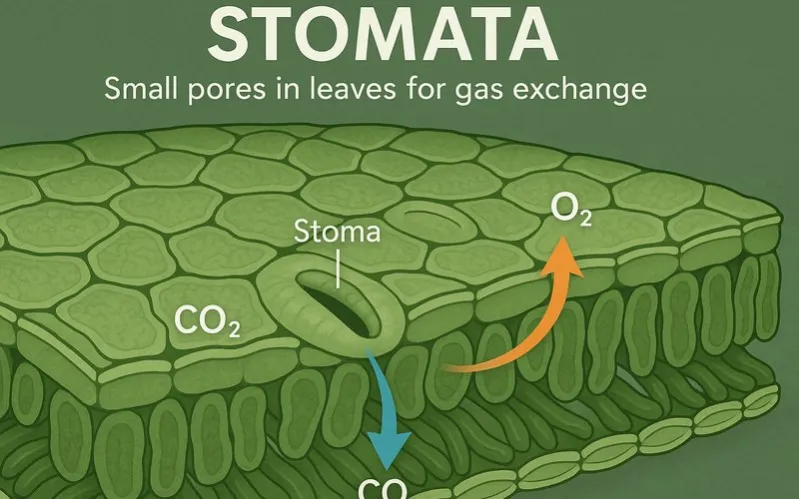Stomata: Small pores in leaves for gas exchange