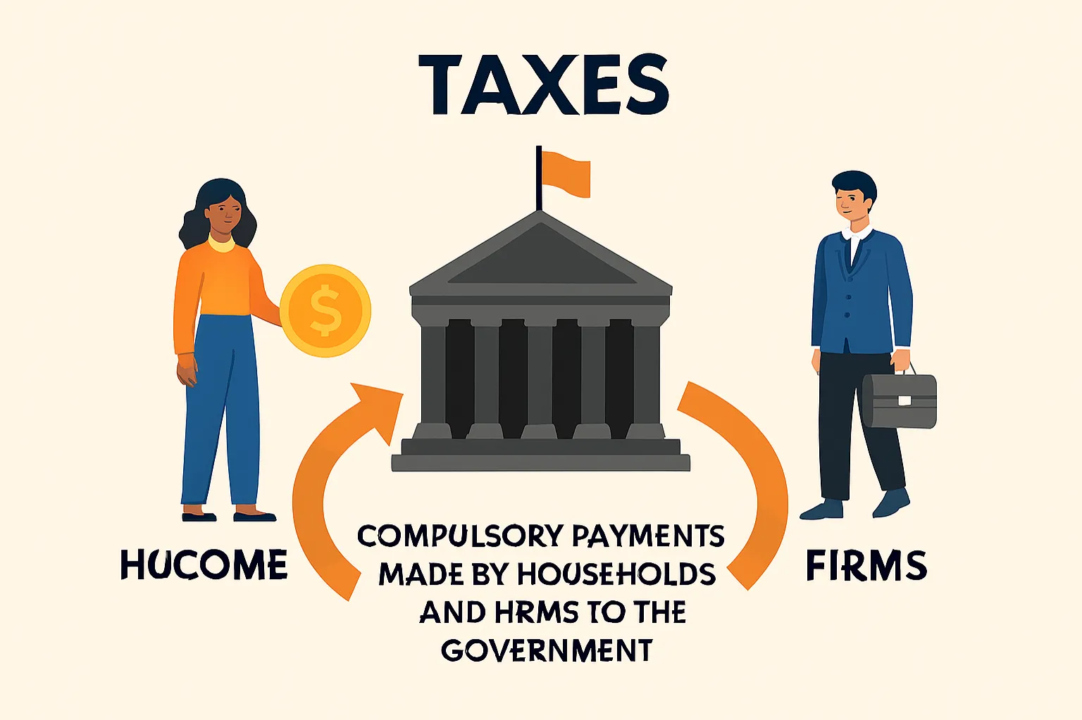 Taxes: compulsory payments made by households and firms to the government