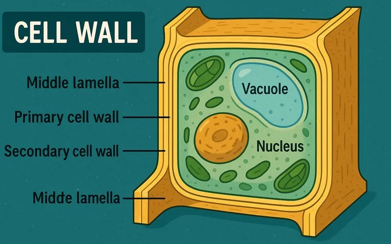 Cell wall: Strong outer layer of plant cells that provides shape and support