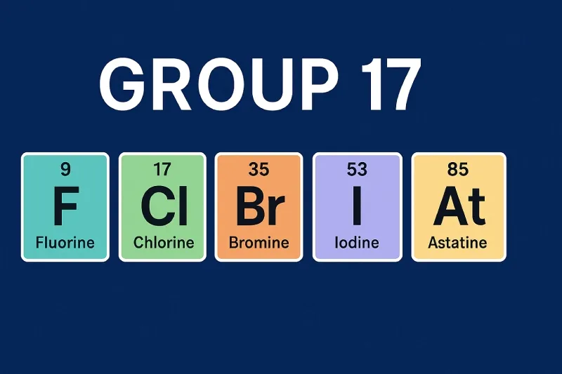 Group 17: The vertical column in the Periodic Table containing the elements fluorine (F), chlorine (Cl), bromine (Br), iodine (I), astatine (At)