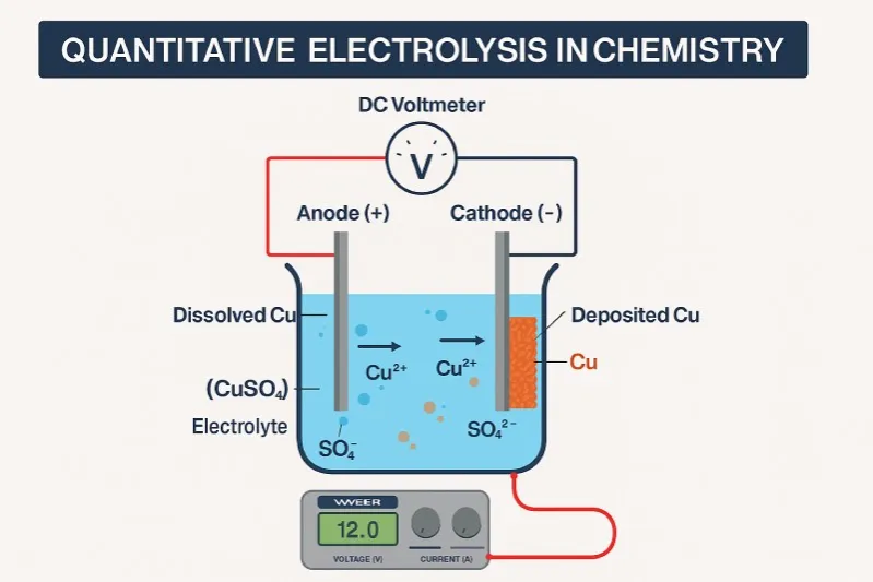 Quantitative electrolysis calculates substance mass using electrical current, time