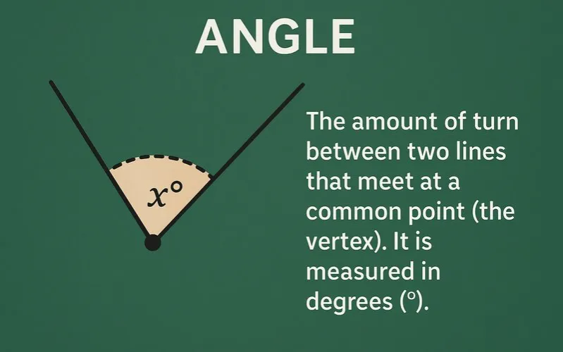 Angle: The amount of turn between two lines that meet at a common point (the vertex)