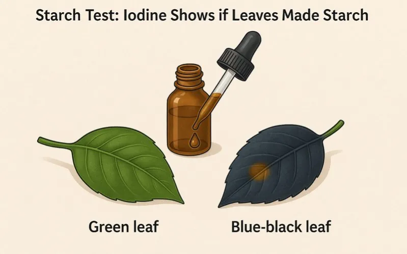Starch test: Iodine shows if leaves made starch