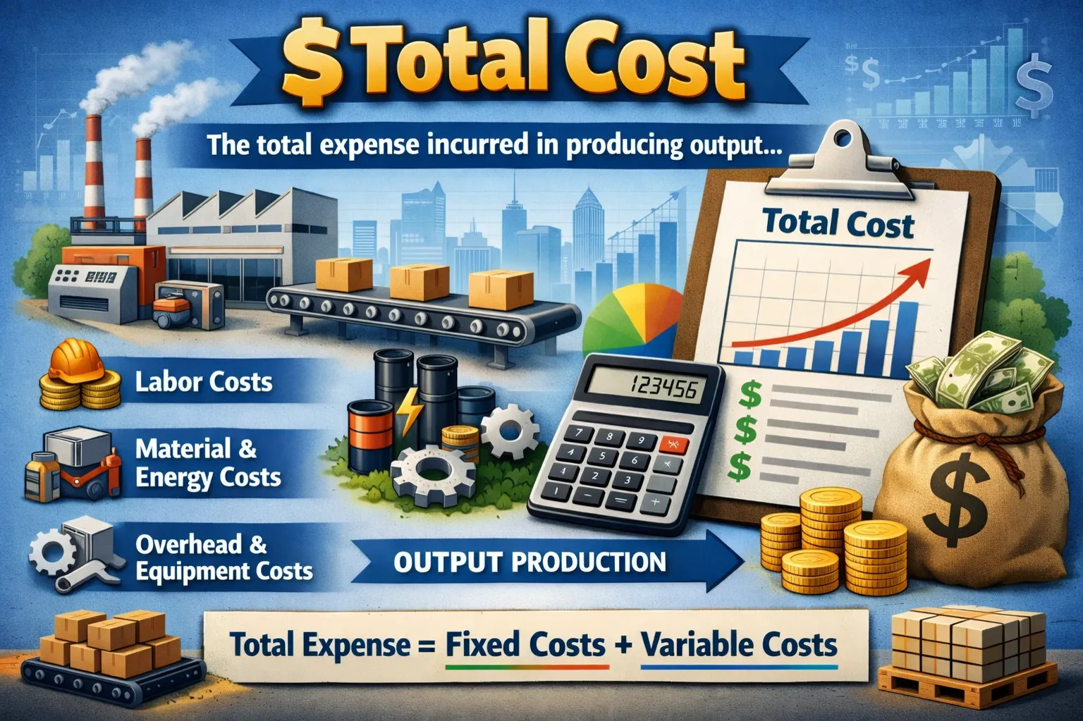 Total cost: The total expense incurred in producing output.